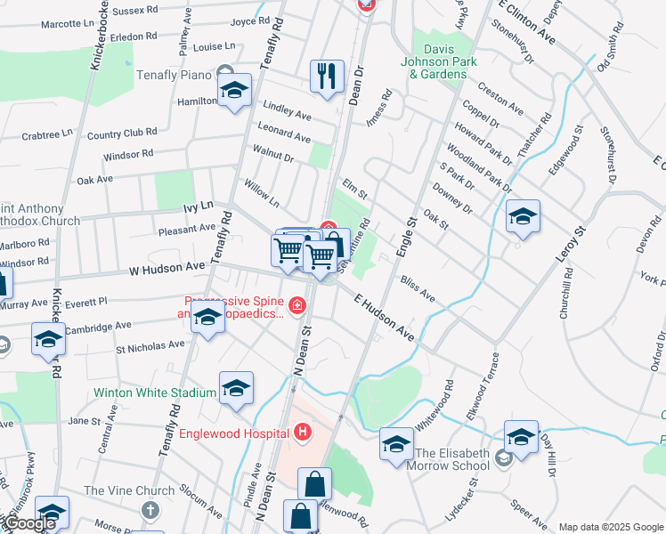 map of restaurants, bars, coffee shops, grocery stores, and more near 9 Serpentine Road in Tenafly