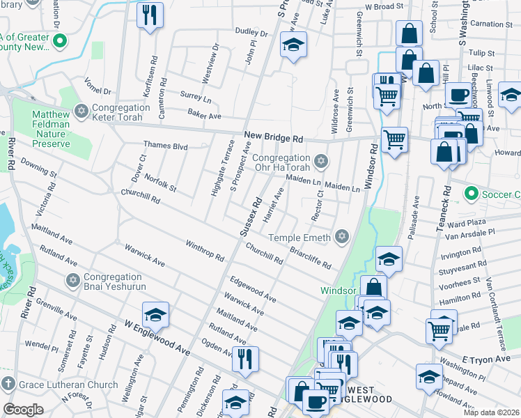 map of restaurants, bars, coffee shops, grocery stores, and more near 114 Sussex Road in Bergenfield