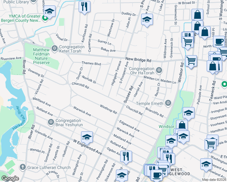 map of restaurants, bars, coffee shops, grocery stores, and more near 586 South Prospect Avenue in Bergenfield