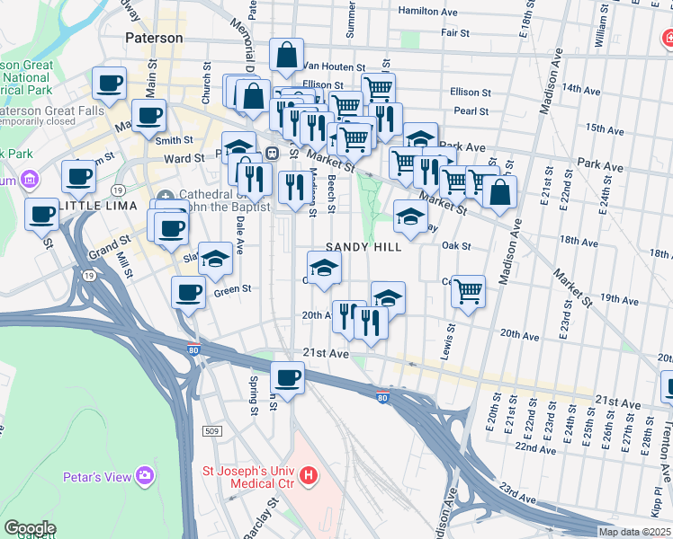 map of restaurants, bars, coffee shops, grocery stores, and more near 103 Beech Street in Paterson