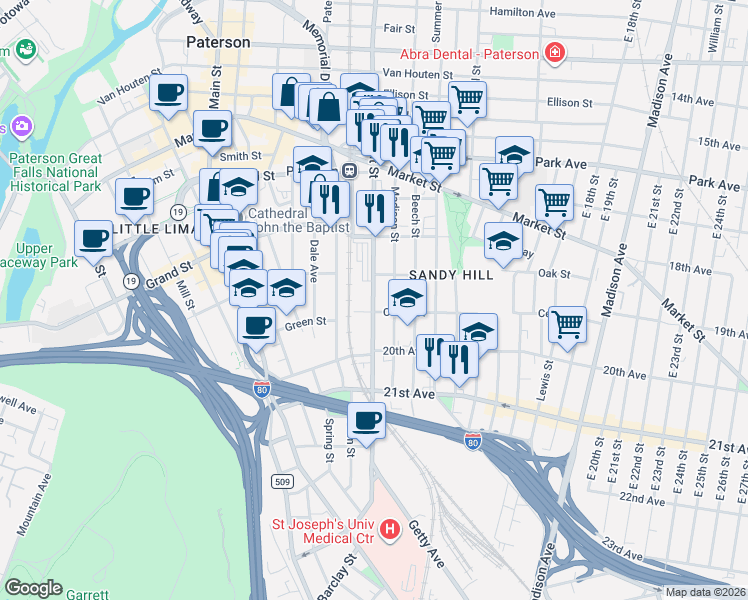 map of restaurants, bars, coffee shops, grocery stores, and more near 385 Straight Street in Paterson