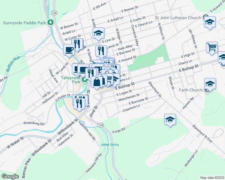map of restaurants, bars, coffee shops, grocery stores, and more near 207 South Allegheny Street in Bellefonte