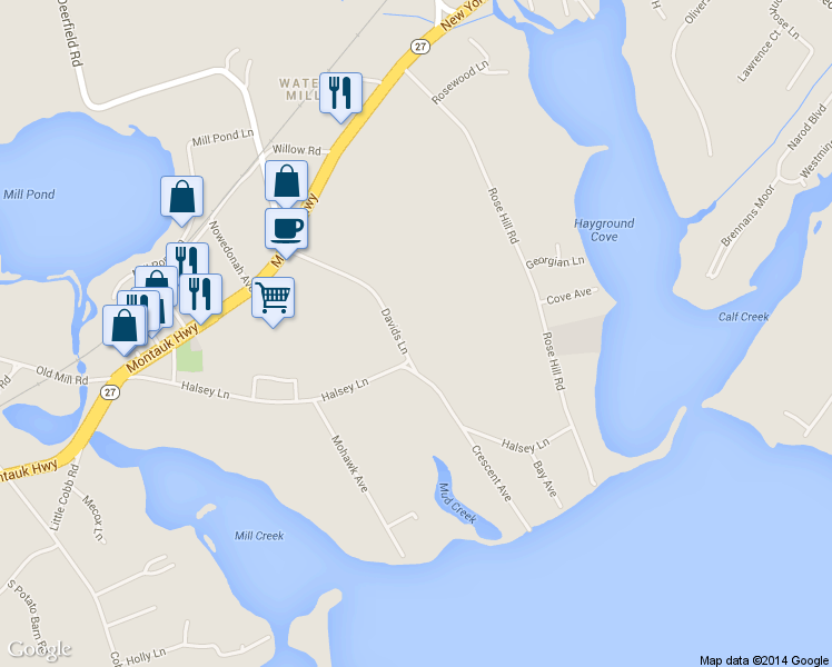 map of restaurants, bars, coffee shops, grocery stores, and more near 179 Davids Lane in Water Mill