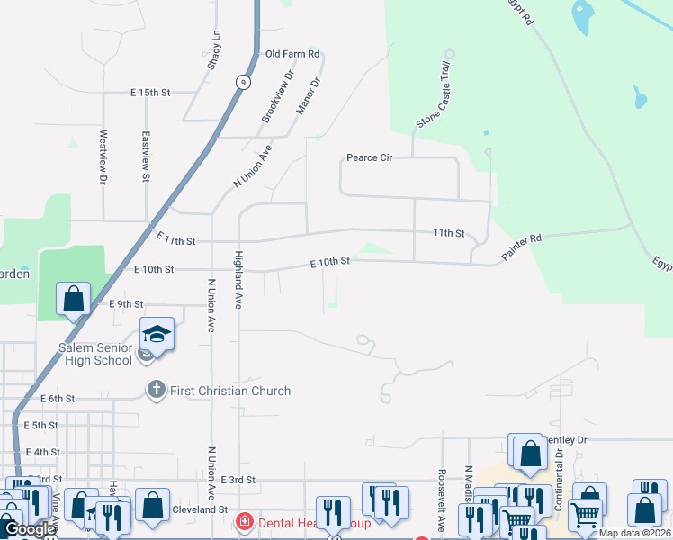 map of restaurants, bars, coffee shops, grocery stores, and more near 1741 Painter Road in Salem