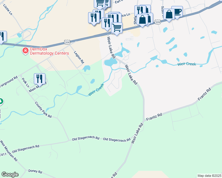 map of restaurants, bars, coffee shops, grocery stores, and more near 5215 Maple Street in Kunkletown