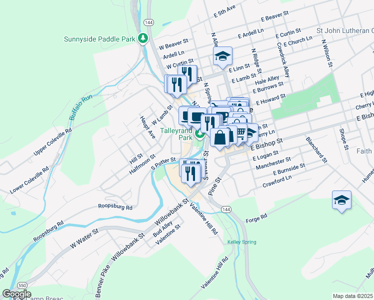 map of restaurants, bars, coffee shops, grocery stores, and more near 314 S Potter St in Bellefonte