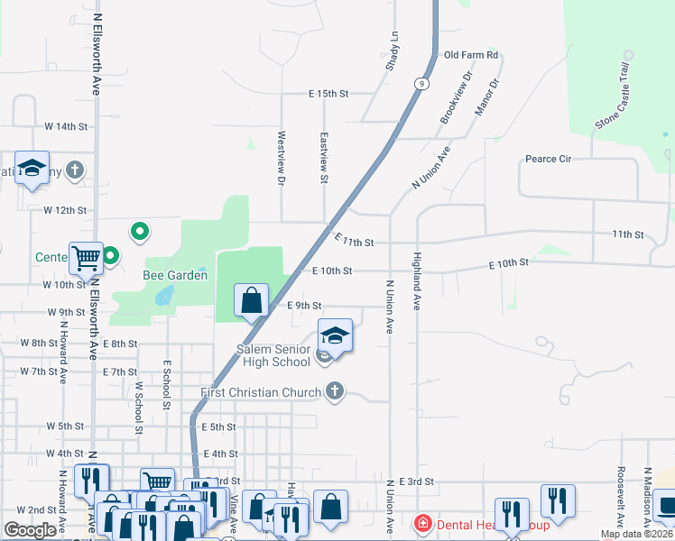 map of restaurants, bars, coffee shops, grocery stores, and more near 1126 East 10th Street in Salem