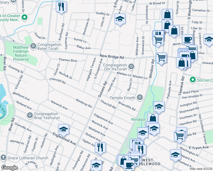 map of restaurants, bars, coffee shops, grocery stores, and more near 114 Sussex Road in Bergenfield