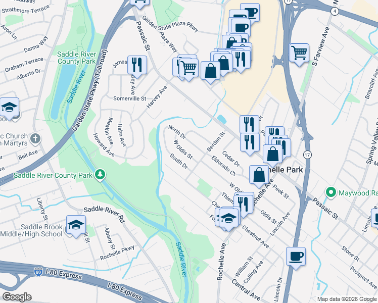 map of restaurants, bars, coffee shops, grocery stores, and more near 23 North Drive in Rochelle Park