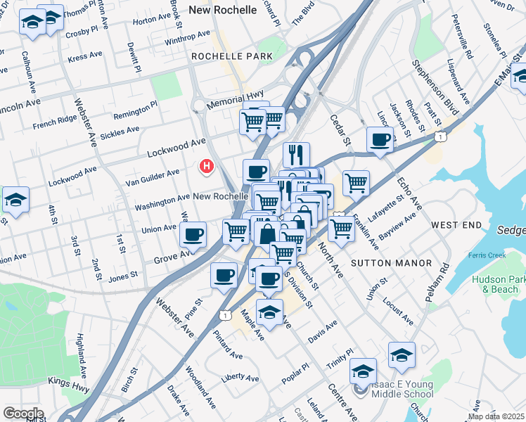 map of restaurants, bars, coffee shops, grocery stores, and more near 255 Huguenot Street in New Rochelle