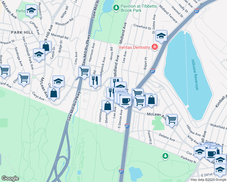 map of restaurants, bars, coffee shops, grocery stores, and more near McLean Ave & E Sanford St in Yonkers