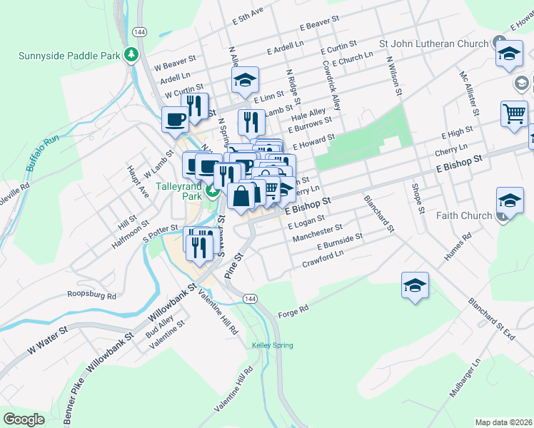 map of restaurants, bars, coffee shops, grocery stores, and more near 125 South Allegheny Street in Bellefonte