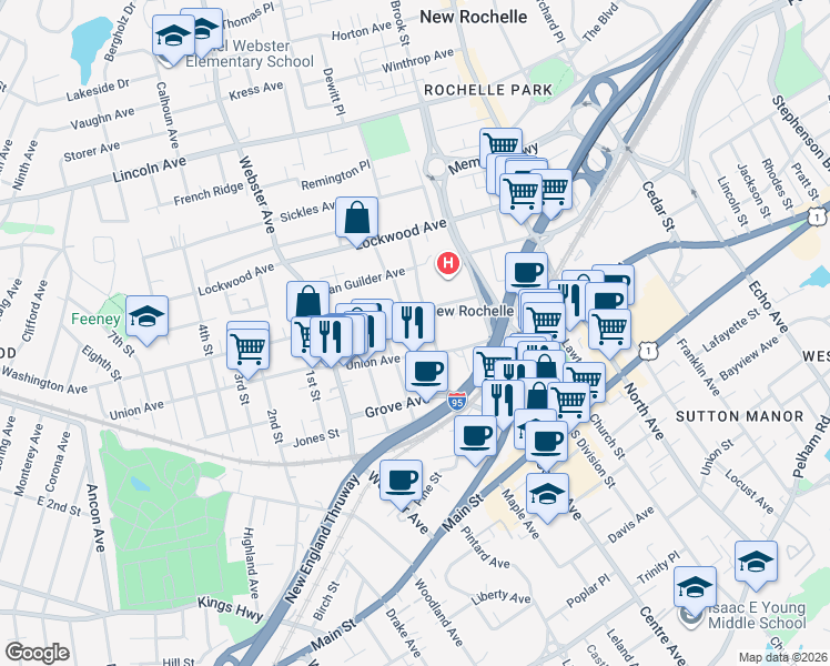 map of restaurants, bars, coffee shops, grocery stores, and more near 22 Badeau Place in New Rochelle