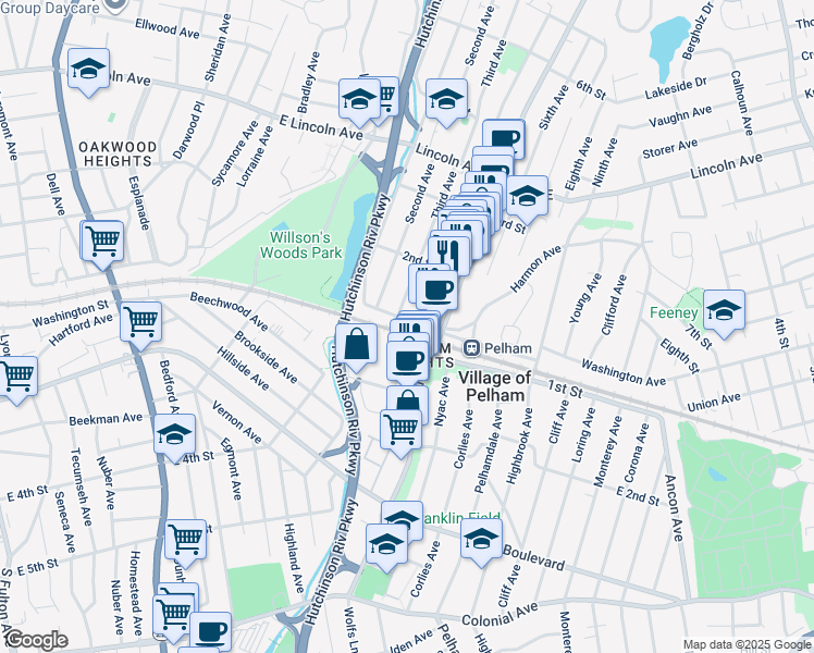 map of restaurants, bars, coffee shops, grocery stores, and more near 48 1st Street in Village of Pelham