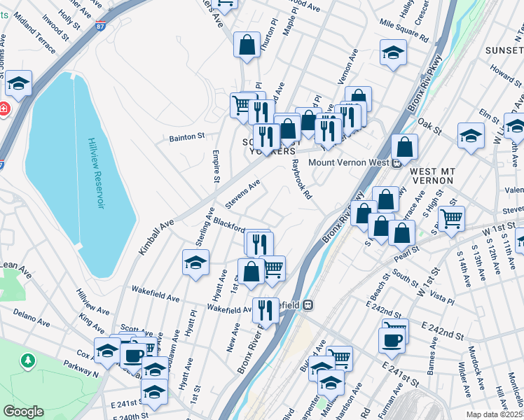 map of restaurants, bars, coffee shops, grocery stores, and more near 254 Hyatt Avenue in Yonkers