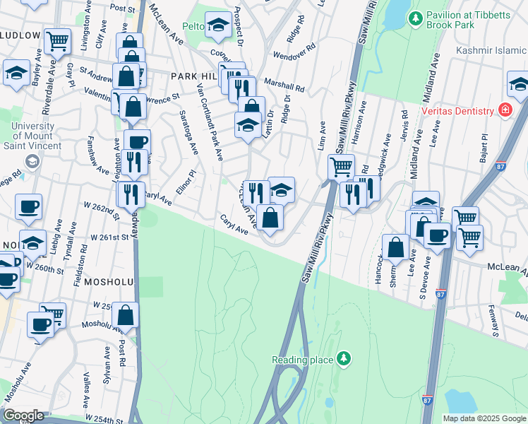map of restaurants, bars, coffee shops, grocery stores, and more near 36 Courter Avenue in Yonkers