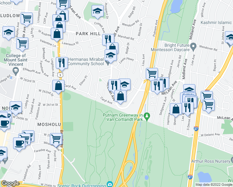 map of restaurants, bars, coffee shops, grocery stores, and more near 36 Courter Avenue in Yonkers