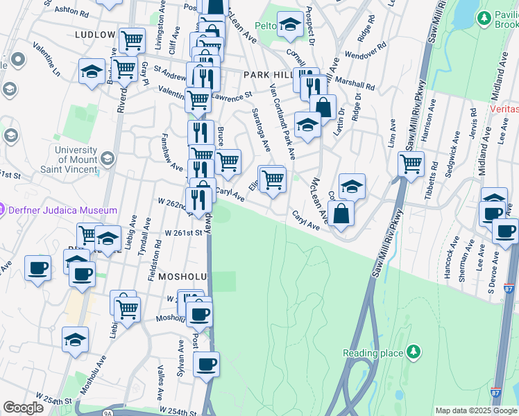 map of restaurants, bars, coffee shops, grocery stores, and more near 197 Saratoga Avenue in Yonkers