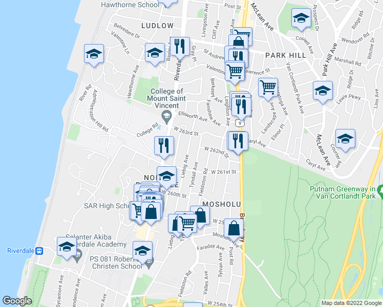 map of restaurants, bars, coffee shops, grocery stores, and more near 6139 Tyndall Avenue in Bronx