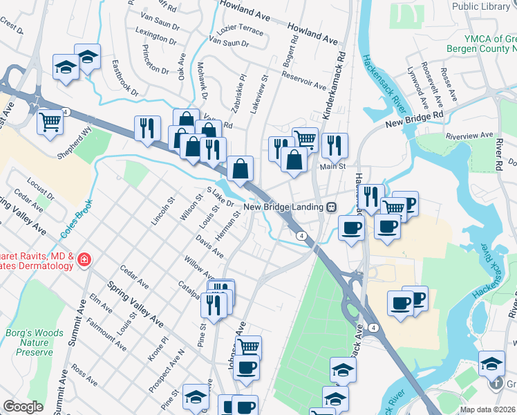 map of restaurants, bars, coffee shops, grocery stores, and more near 1000 Main Street in River Edge