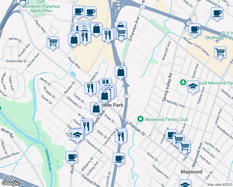 map of restaurants, bars, coffee shops, grocery stores, and more near 134 Gertrude Avenue in Paramus