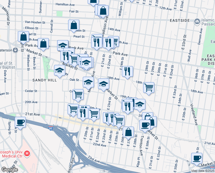 map of restaurants, bars, coffee shops, grocery stores, and more near 579 Market Street in Paterson