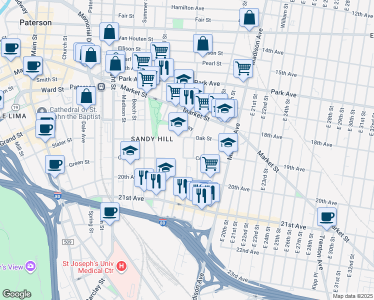 map of restaurants, bars, coffee shops, grocery stores, and more near 17 Martin Street in Paterson