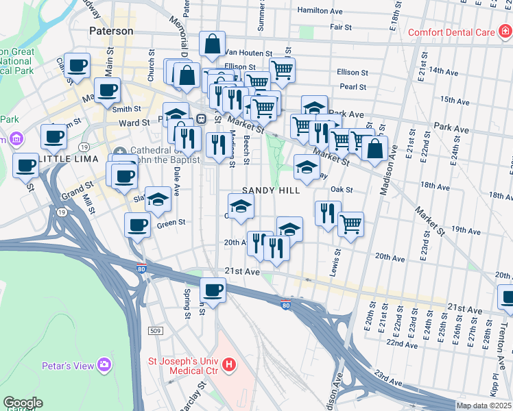 map of restaurants, bars, coffee shops, grocery stores, and more near 103 Beech Street in Paterson