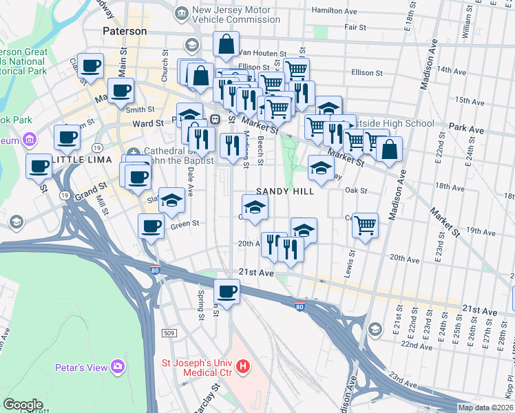 map of restaurants, bars, coffee shops, grocery stores, and more near 103 Beech Street in Paterson