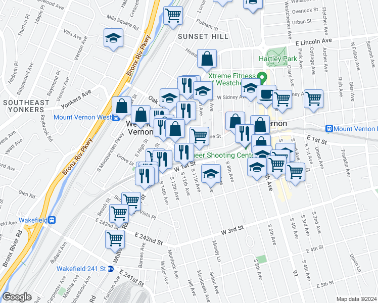 map of restaurants, bars, coffee shops, grocery stores, and more near 193 Stevens Avenue in Mount Vernon