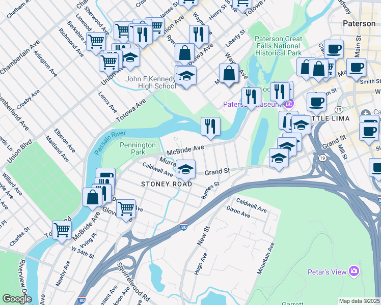 map of restaurants, bars, coffee shops, grocery stores, and more near 287 McBride Avenue in Paterson
