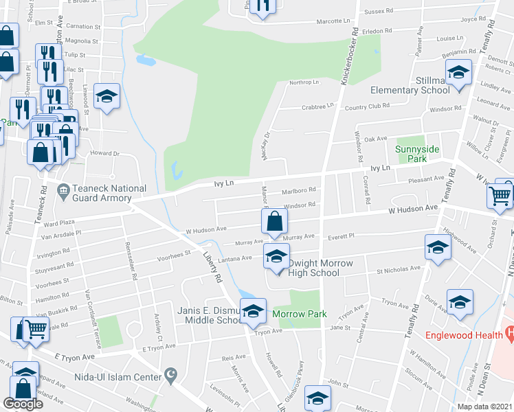 map of restaurants, bars, coffee shops, grocery stores, and more near 361 Windsor Road in Englewood