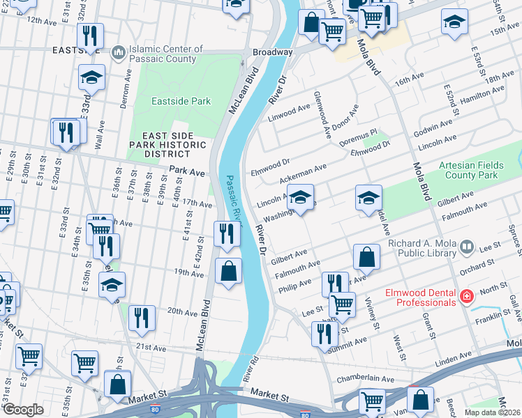 map of restaurants, bars, coffee shops, grocery stores, and more near 2 Lincoln Avenue in Elmwood Park