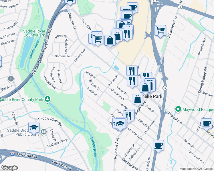 map of restaurants, bars, coffee shops, grocery stores, and more near 84 Berdan Street in Rochelle Park
