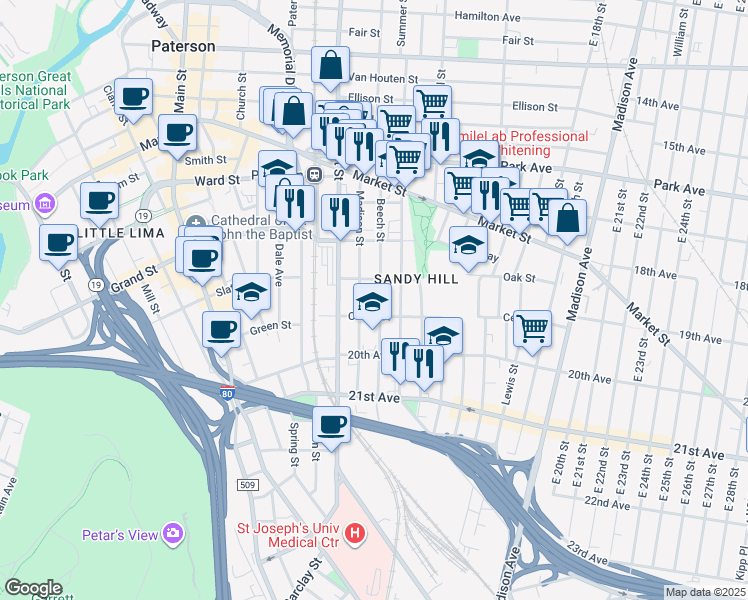 map of restaurants, bars, coffee shops, grocery stores, and more near 103 Beech Street in Paterson