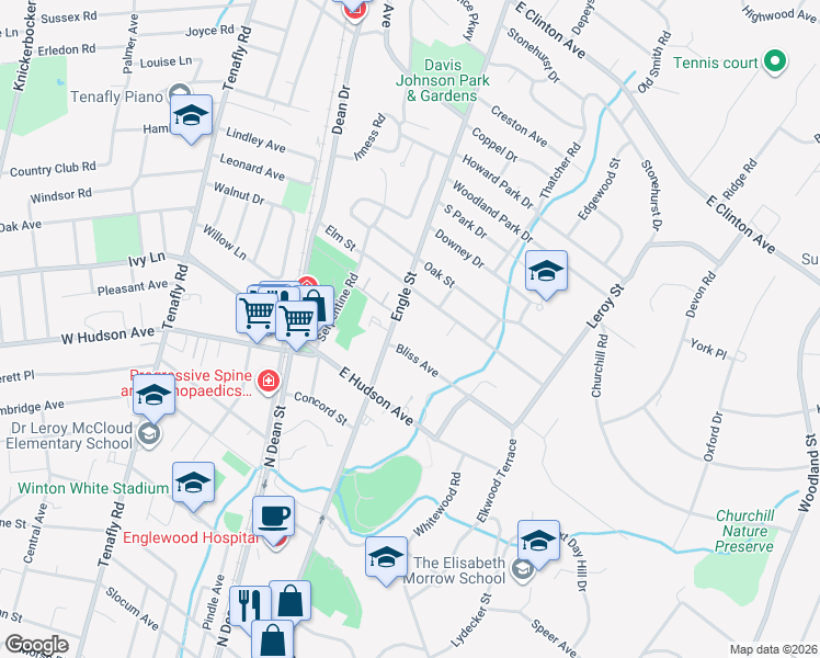 map of restaurants, bars, coffee shops, grocery stores, and more near 30 Engle Street in Tenafly
