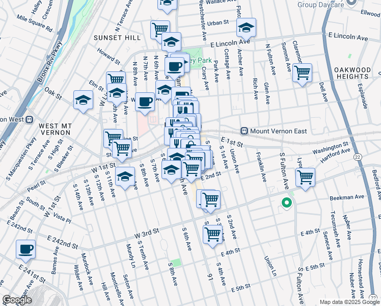 map of restaurants, bars, coffee shops, grocery stores, and more near 24 South 3rd Avenue in Mount Vernon