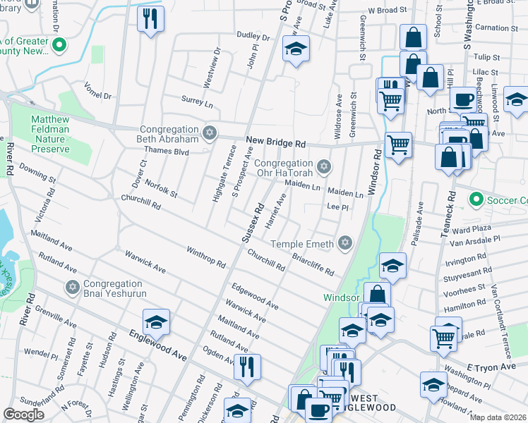 map of restaurants, bars, coffee shops, grocery stores, and more near 114 Sussex Road in Bergenfield