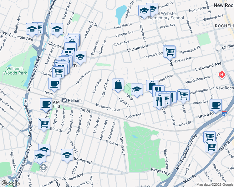map of restaurants, bars, coffee shops, grocery stores, and more near 95 Eighth Street in New Rochelle