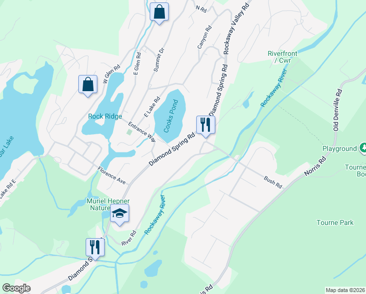 map of restaurants, bars, coffee shops, grocery stores, and more near 396 Diamond Spring Road in Denville