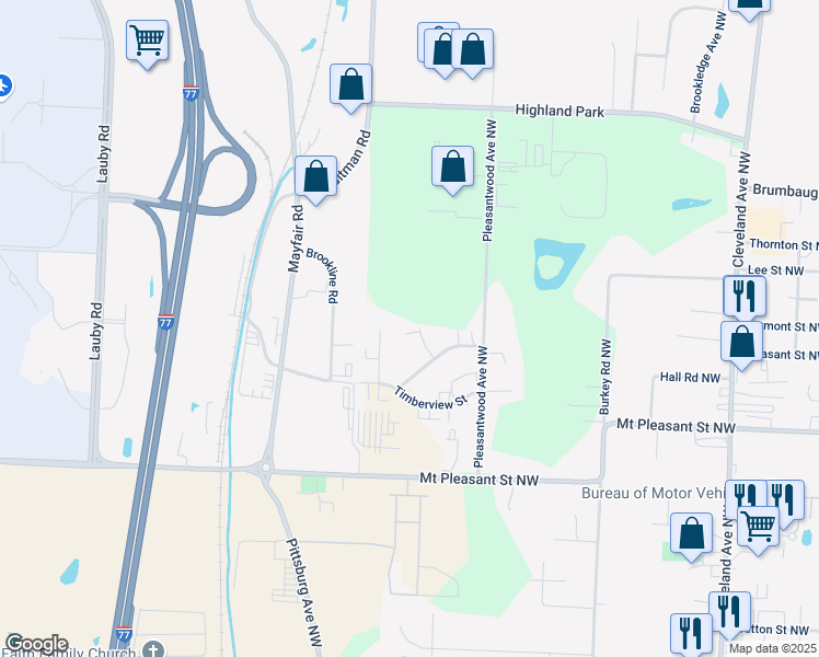 map of restaurants, bars, coffee shops, grocery stores, and more near 8695 Rosewood Avenue Northwest in North Canton