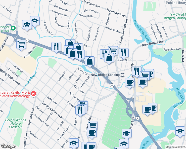 map of restaurants, bars, coffee shops, grocery stores, and more near 7 South Lake Drive in Hackensack