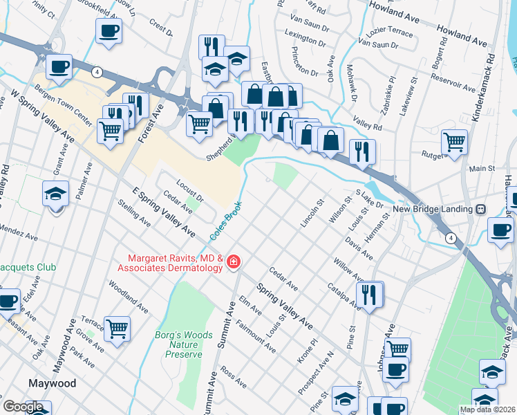 map of restaurants, bars, coffee shops, grocery stores, and more near 201 Allen Street in Hackensack
