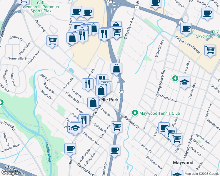 map of restaurants, bars, coffee shops, grocery stores, and more near in Paramus