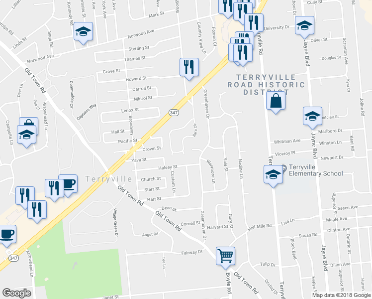 map of restaurants, bars, coffee shops, grocery stores, and more near 1408 Sara Circle in Port Jefferson Station