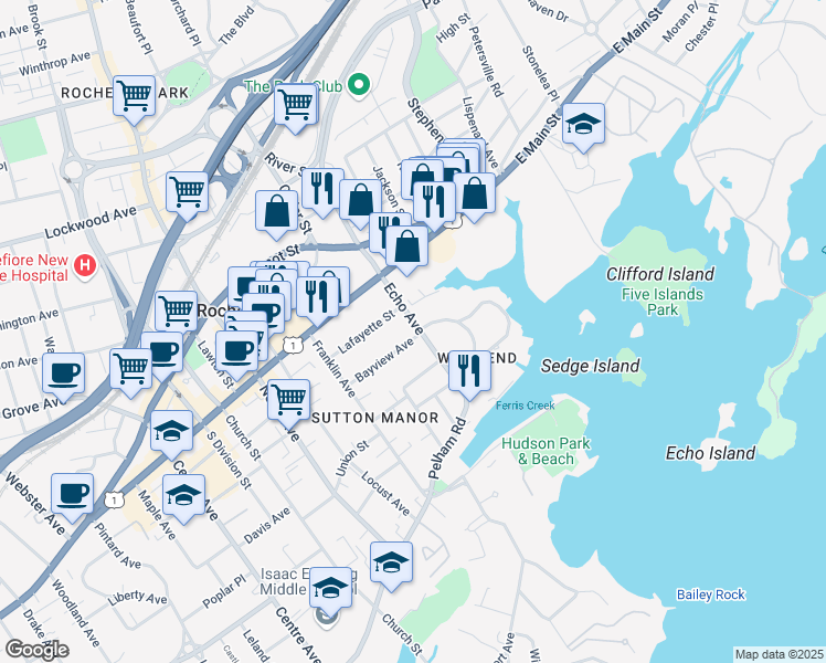 map of restaurants, bars, coffee shops, grocery stores, and more near 12 Bayview Avenue in New Rochelle