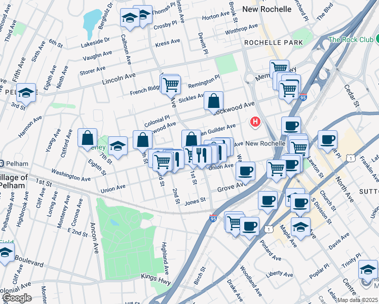 map of restaurants, bars, coffee shops, grocery stores, and more near 220 Webster Avenue in New Rochelle