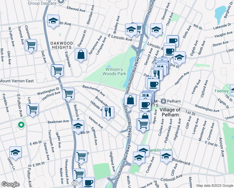 map of restaurants, bars, coffee shops, grocery stores, and more near 112 Pelhamdale Avenue in Mount Vernon