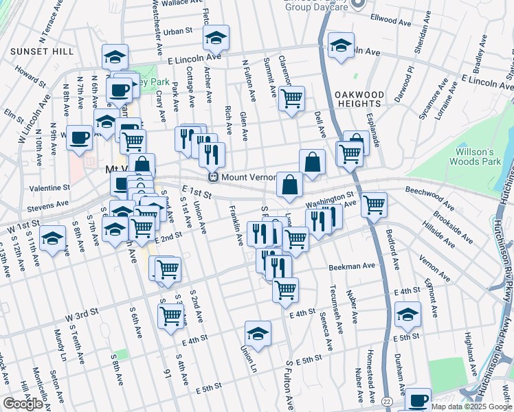 map of restaurants, bars, coffee shops, grocery stores, and more near 7 South Fulton Avenue in Mount Vernon