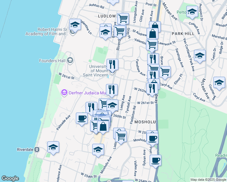 map of restaurants, bars, coffee shops, grocery stores, and more near 6141 Delafield Avenue in Bronx